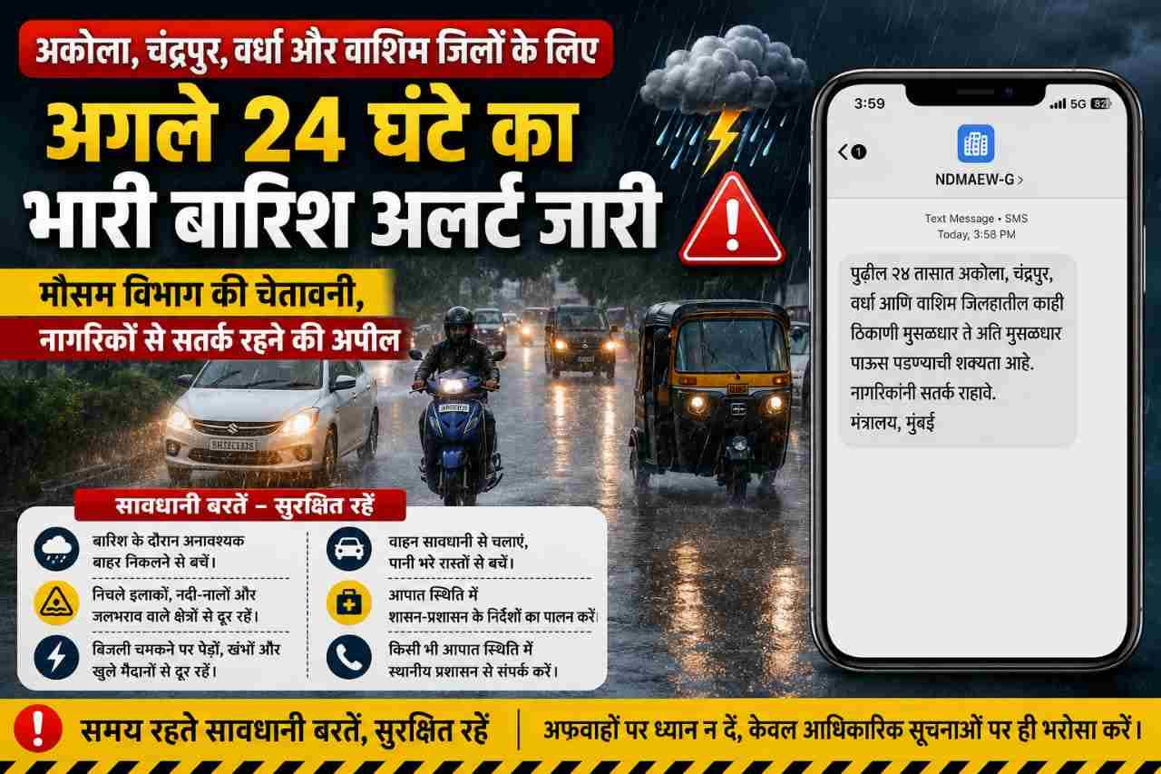 अकोला, चंद्रपुर, वर्धा और वाशिम जिलों में अगले 24 घंटे भारी बारिश का अलर्ट